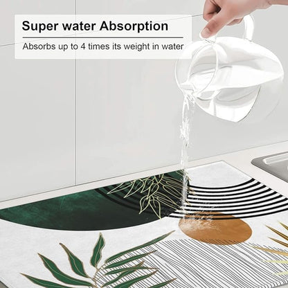 Mid Century Dish Drying Mat 18x24 Inch Boho Green Gold Tropical Leaf Sunset Kitchen Decoration Drying Mat Modern Abstract Decorative Drying Pad for Home Kitchen Decor,Dining Room,Office