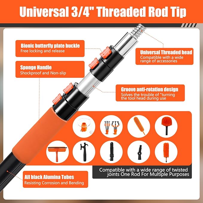20FT Light Bulb Changer for High Ceilings with 5-12FT Heavy Duty Extension Pole,High Ceiling Fan Duster Extendable Reusable Cobweb,Feather,Window Cleaning Squeegee Kit for Home & House,Interior Roof