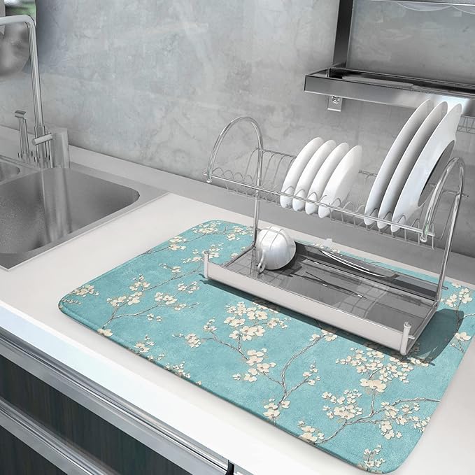 Teal Turquoise Dish Drying Mat for Kitchen Counter Spring Floral Drying Mat 18 x 24 Inch with Absorbent Reversible Microfiber Dish Drying Pad Dish Rack Drainer Mat for Coffee Bar