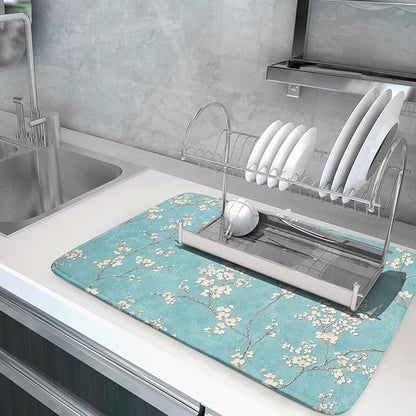 Teal Turquoise Dish Drying Mat for Kitchen Counter Spring Floral Drying Mat 18 x 24 Inch with Absorbent Reversible Microfiber Dish Drying Pad Dish Rack Drainer Mat for Coffee Bar