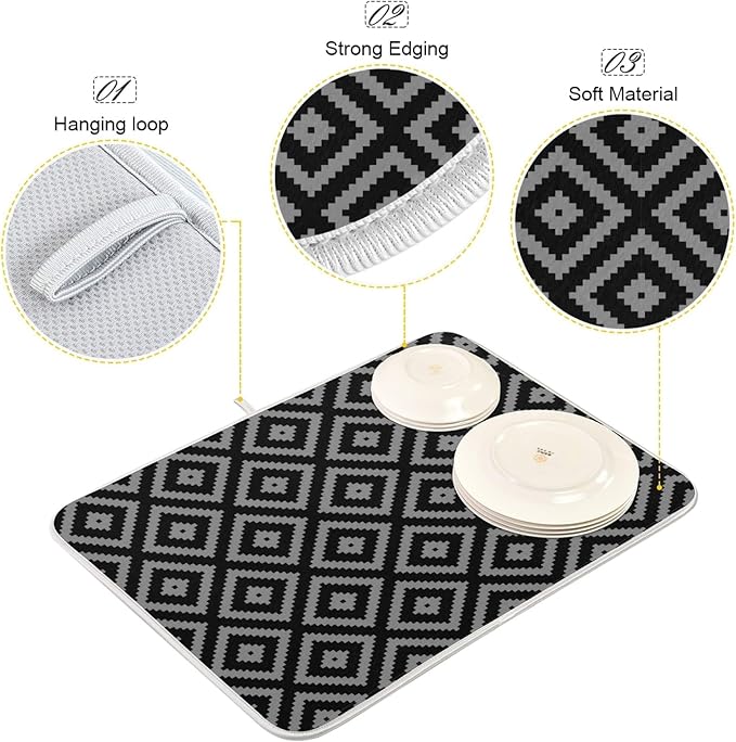 Super Absorbent Dish Drying Mat, Microfiber Fast-Drying Dish Mat, 24" x 18, Kitchen Dish Drying Pad, Black Moroccan Rhombus Plaid