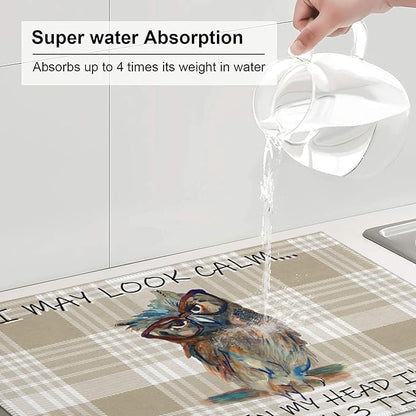 Kitchen Drying Mat Funny Owl Dish Drainer Mat for Kitchen Counter Microfiber Absorbent Reusable Washable 18x24 Inch Home Holiday Decor Cute Buffalo Plaid Drying Pad