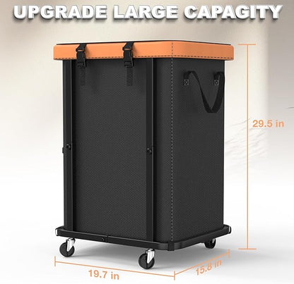 150L (40 Gal) Large Fashion Laundry Basket with Wheels, Leather Patchwork Rolling Hamper Carts, Sturdy Metal Frame, Removable Washable Bag, Tall Clothes Sorter for Bedroom, Laundry Room, Dorm - Black