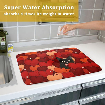 Valentine's Day Dish Drying Mat 18 x 24 Inch With Absorbent Reversible Microfiber Black Cat Red Heart Drying Anniversary Wedding Dish Drainer Mat Fast Dry For Kitchen Dining Room Decor