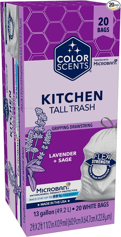 Color Scents Tall Kitchen Trash Bags - 13 Gallon, 20 Bags (1 Pack of 20 Bags), Drawstring - White bag in Lavender + Sage Scent with Microban