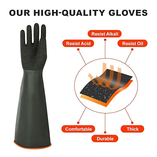 North Tower Heavy Duty Rubber Gloves, Industrial Gloves Waterproof Reusable Protective Work for Cleaning, Dishwashing, Upgraded with Non-Slip Design, Black（18in,2 pair）