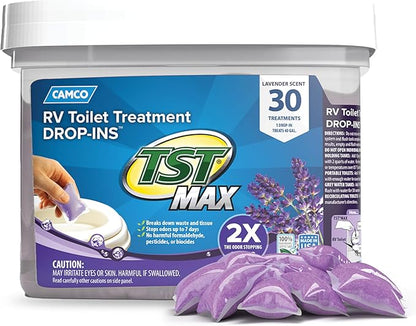 Camco TST MAX RV Toilet Treatment Drop-INs - Control Unwanted Odors and Break Down Waste and Tissue - Septic Tank Safe - Lavender Scent - 30-pack (41553)