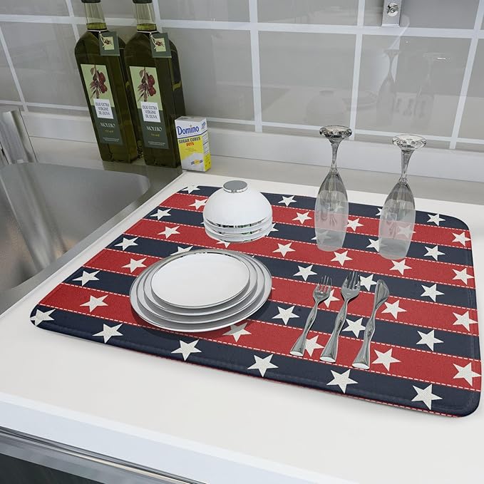 Patriotic Star Stripes Red Blue Dish Drying Mat For Kitchen Counter 4th of July Independence Memorial Day USA Microfiber Absorbent Drying Mats Reversible Kitchen Countertop Drainer Pad 18x24 Inch