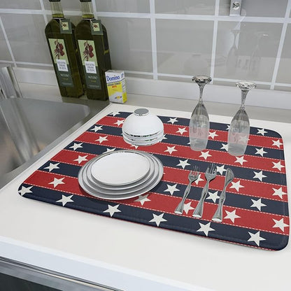 Patriotic Star Stripes Red Blue Dish Drying Mat For Kitchen Counter 4th of July Independence Memorial Day USA Microfiber Absorbent Drying Mats Reversible Kitchen Countertop Drainer Pad 18x24 Inch