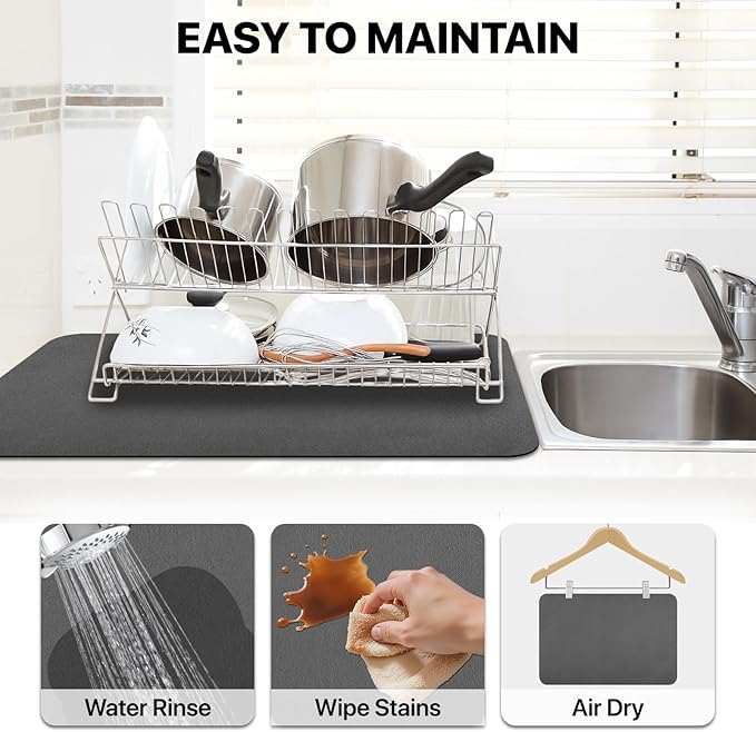 Dish Drying Mat for Kitchen Counter-Coffee Mat Bar Accessories,Super Absorbent, Hide Stain, Nop-Slip Rubber Backed, Fit Under Coffee Maker, Pot, Dish Rack, 16"x24", Dark Grey
