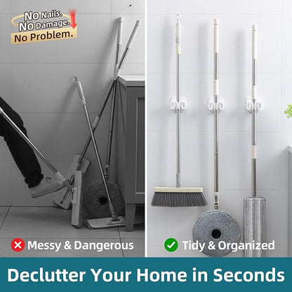 TAILI Mop and Broom Holder Wall Mount Grippers, 3 Hangers and 8 Adhesive Strips, Damage Free Hanging Wall Mount, Household Cleaning Organizer for Organization and Storage, Holds up to 4 lbs, White