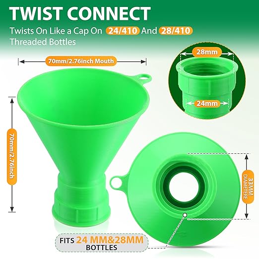 Threaded Funnel Easy Fill Funnel, Twist On Empty Spray Bottle Refill Adapter Fit for Various Size Bottles Home, Car Detailing Cleaning Supply, 30% Vinegar, Kitchen, Bath, Essential Oils(24mm+28mm)