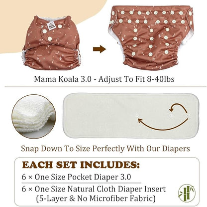 Mama Koala 3.0 Pocket Cloth Diapers for Babies with AWJ Lining, 6 Pack with 6 5-Layer Natural Cloth Diaper Inserts - Reusable and Washable Pocket Diapers(A-Desert Oasis)