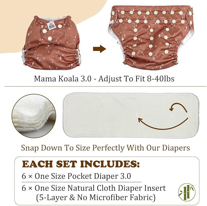 Mama Koala 3.0 Pocket Cloth Diapers for Babies with AWJ Lining, 6 Pack with 6 5-Layer Natural Cloth Diaper Inserts - Reusable and Washable Pocket Diapers(A-Mushrooms)