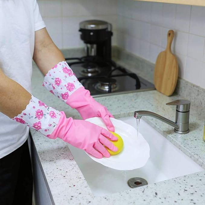 2 Pairs Rubber Cleaning Gloves Household Kitchen Dishwashing Gloves Long Cuff Glove with Cotton Flocked Liner Reusable Waterproof Non-Slip Household Glove for Bathroom Laundry Gardening Gift for Mom