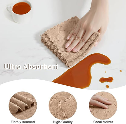 Homaxy Kitchen Towels and Dishcloths Set, 10 x 10 and 13 x 19 Inches, Set of 12 Super Soft and Absorbent Coral Velvet Kitchen Towels, No Lint and Nonstick Oil Fast Drying Dish Towel, Tan