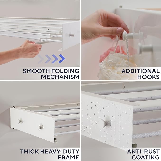 Delfori Foldable Wall Mounted Drying Rack 28 inch - Easy to Install Hanging Rack for Laundry Room - Space Saving Design with 55-lb Capacity - Perfect Drying Racks for Clothes Towels & More