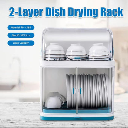 2-Layer Kitchen Dish Rack Drain Bowl Cup Plate Dish Drying Drainer with Cover