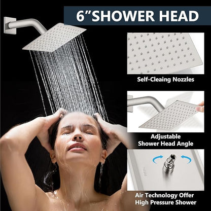 Aolemi Shower Faucet Set Ceiling Mount Shower System Rough-in Valve and Shower Trim Kit 2 in 1 Handheld Spray Push Button Diverter 12 and 6 Inch Dual Shower Head Brushed Nickel