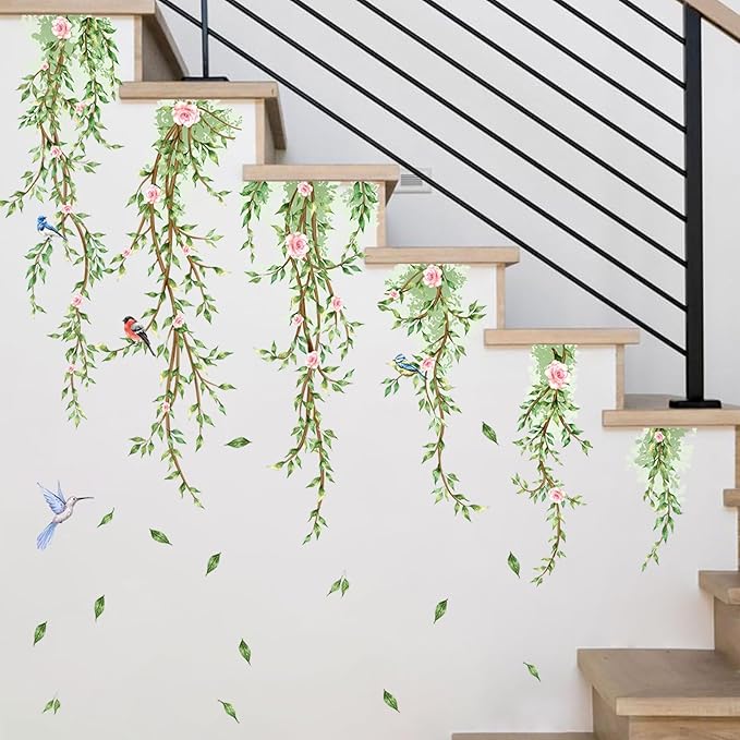 Hanging Vine Wall Decals with Birds Green Leaves Flowers Removable Peel and Stick Wall Stickers for Bedroom Living Room Nursery Bathroom Kitchen Home Decor DIY Forest Wall Art