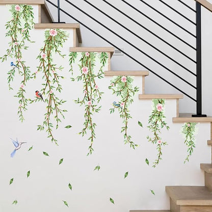 Hanging Vine Wall Decals with Birds Green Leaves Flowers Removable Peel and Stick Wall Stickers for Bedroom Living Room Nursery Bathroom Kitchen Home Decor DIY Forest Wall Art
