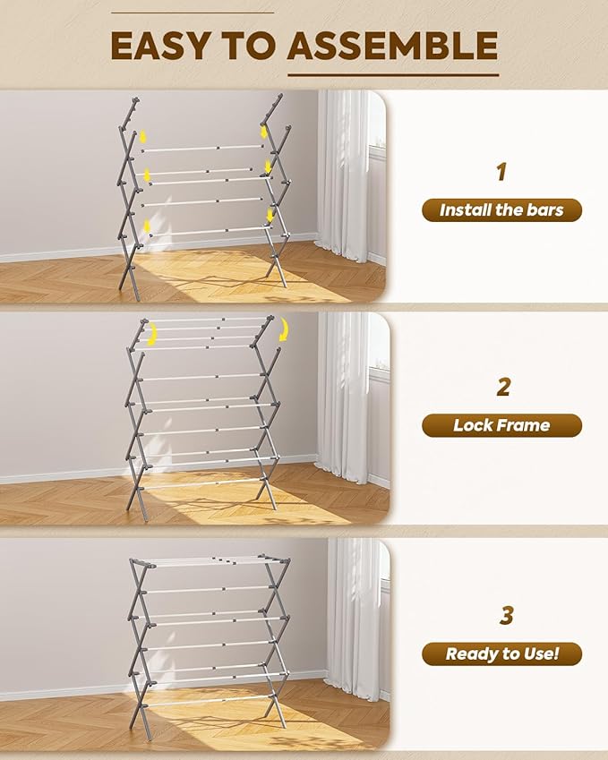 KINGBOARD Clothes Drying Rack, Collapsible Drying Rack Clothing with 11 Poles, 3-Tier Laundry Drying Rack, Small Clothes Drying Rack Foldable for Baby Clothes, 25lb Capacity, Grey