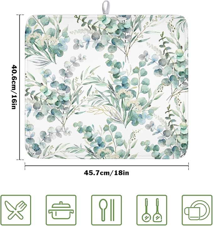 Spring Sage Green Leaves Dish Drying Mat for Kitchen Counter Watercolor Eucalyptus Leaf Drying Mat 16x18 Inch Rustic Farmhouse Absorbent Dish Drainer Mat Kitchen Accessories