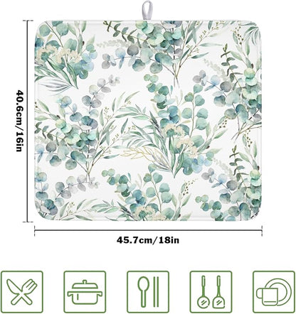 Spring Sage Green Leaves Dish Drying Mat for Kitchen Counter Watercolor Eucalyptus Leaf Drying Mat 16x18 Inch Rustic Farmhouse Absorbent Dish Drainer Mat Kitchen Accessories
