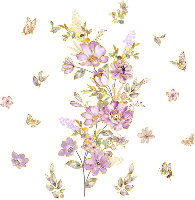 Flower and Butterfly Wall Stickers Purple Flowers with Butterflies Wall Decals Nature Theme Peel and Stick Waterproof Clings for Living Room Bedroom (Purple Flowers)