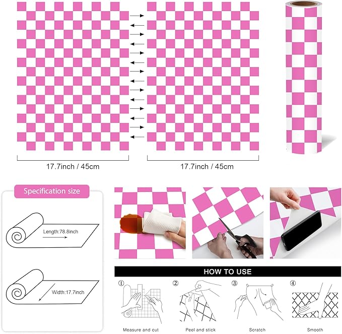 Modern Peel and Stick Wallpaper Pink and White Mosaic Checkered Contact Paper 17.7"x78.8" Self Adhesive Lattice Wallpaper Removable Decorative Wallpapers for Bedroom Countertops Cabinet Vinyl Roll