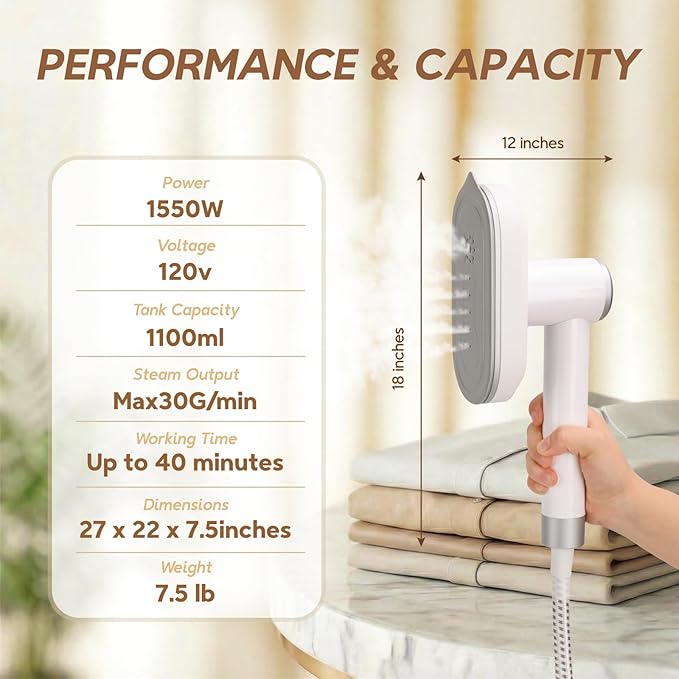 2 In 1 Steamer for Clothes:1550W Powerful Steamer with 1100ml Detachable Tank, 30s Fast Heat-Up, Horizontal & Vertical Use, Portable Wrinkle Remover for Clothes Drapes Bedding (White)