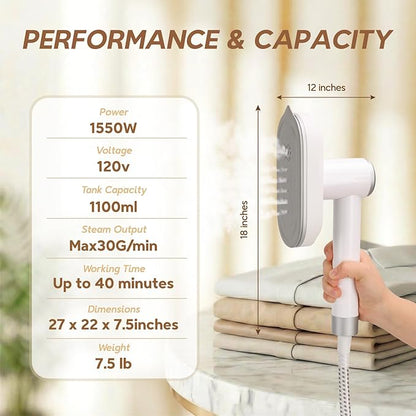 2 In 1 Steamer for Clothes:1550W Powerful Steamer with 1100ml Detachable Tank, 30s Fast Heat-Up, Horizontal & Vertical Use, Portable Wrinkle Remover for Clothes Drapes Bedding (White)