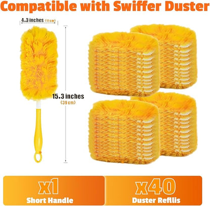 40-Pack Duster Refills Compatible for Swiffer Duster Refills, 360° Disposable Heavy Duster Dry Cleaning Cloth with 1 Short Handle, Multi-Surface Cleaning Kit for Blinds Bookshelf Ceiling Fans