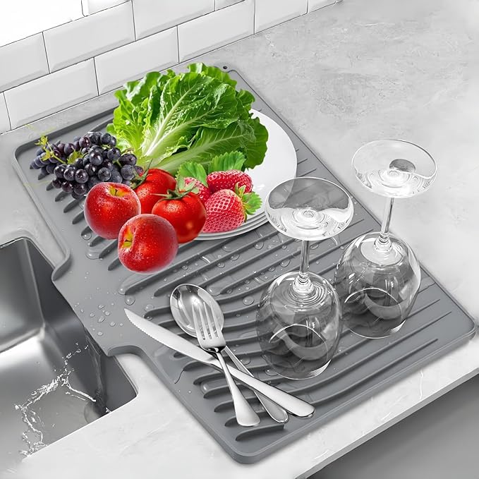 CIEO Silicone Dish Drying Mat for Kitchen Counter, Slope Fast Self-Draining, Non-Slip Drain Pad, Easy Clean Countertop Protection Mat, Multiple Use for Dishes Drying Rack（19"x 14",Gray）