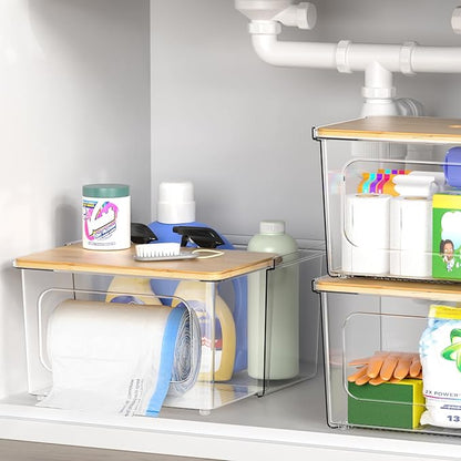 Trash Bag Dispenser Under Sink Organizer, 2-in-1 Acrylic Trash Bags Holder with Bamboo Lid, Holds Large Rolls up to 100 Count, Garbage Bag Storage Container for Kitchen, Pantry, Laundry Room