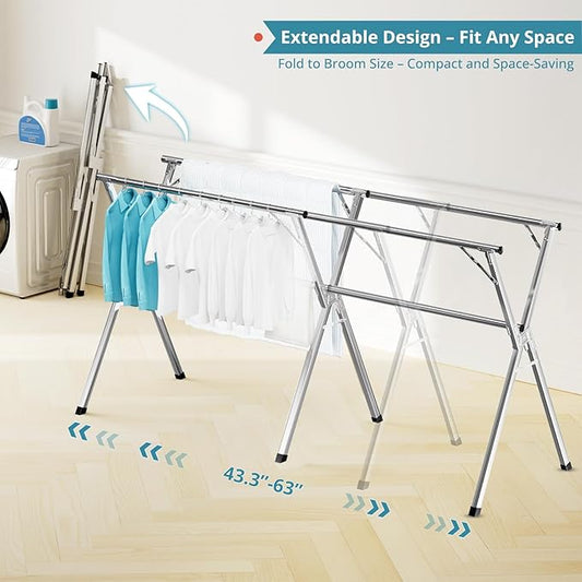 JAUREE 63 Inches Clothes Drying Rack, Drying Rack Clothing Folding Indoor Outdoor, Heavy Duty Stainless Steel Laundry Rack, Foldable Portable Large Clothes Rack Garment Rack with 20 Windproof Hooks