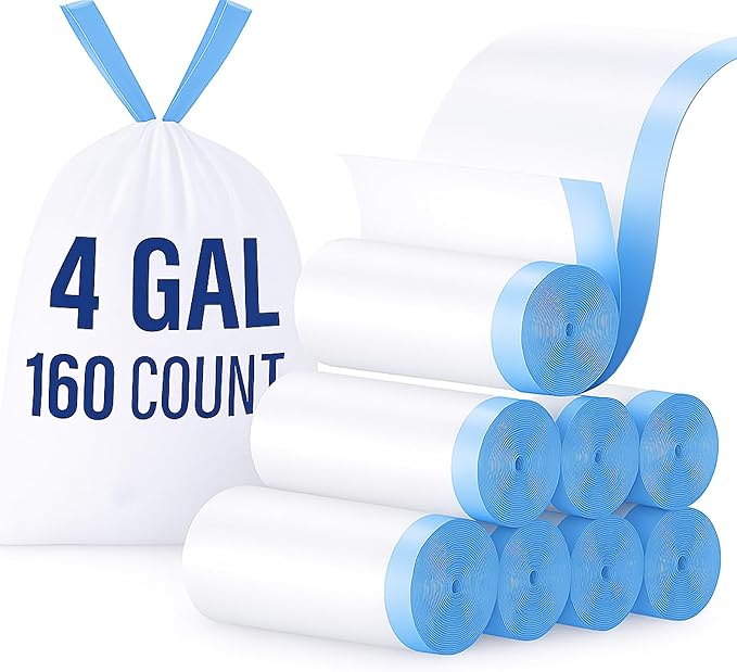 4 Gallon Small Trash Bags, Drawstring 4 Gallon Garbage Bags, Tear-Free Separated Unscented White Small Trash Bags Plastic Wastebasket Liners for Bathroom Toilet Home Office and Bedroom, 160 Count