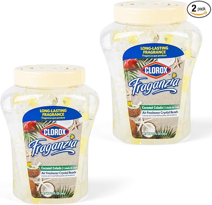 Clorox Fraganzia Crystal Beads Air Freshener, Long Lasting Room Deodorizer and Odor Eliminator Gel Beads to Freshen Home, Car, or Office, Coconut Colada Scent, 12 Fl Oz - 2 Pack