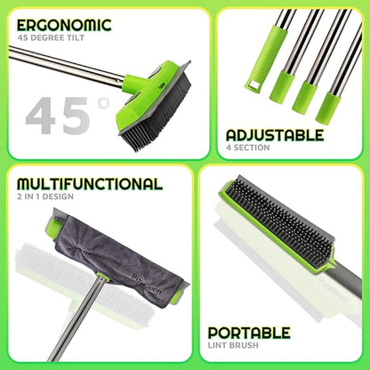 Carpet Rake,Rubber Broom for Pet Hair Removal with 61" Long Handle,2 Microfiber Cloths, Built-in Squeegee & Pet Brush, 4 in 1 Hair Remover for Rugs, Carpets,Tiles,Couches - Green