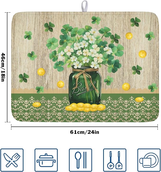 St Patricks Day Dish Drying Mat for Kitchen Counter Spring Holiday Green Lucky Shamrock Vase Drying Mat 18x24 Inch Absorbent Dish Drainer Mat Kitchen Accessories