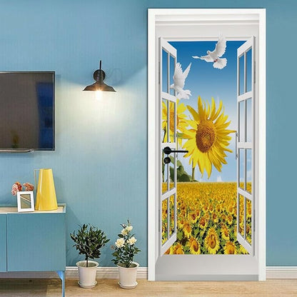 A.Monamour 3D Door Stickers for Interior Doors Sunflower Field and Pigeon View from The Open Window Vinyl Waterproof Self Adhesive Door Mural Decals for Bedroom Office Bathroom 77x200cm