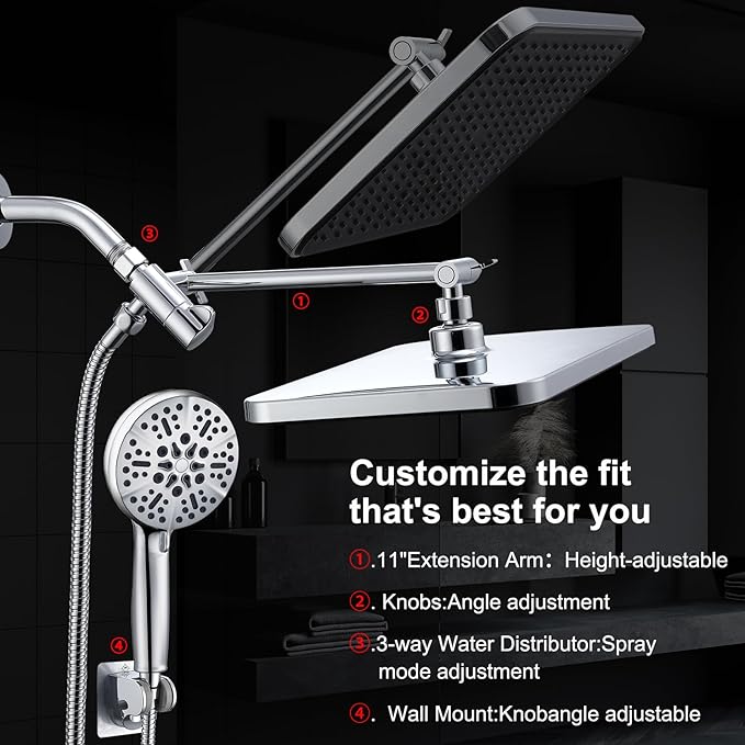 Handheld Shower Combo, 14 Inch Rainfall Shower Head and 8 Handheld Spray with Power Wash, Wide Square Shower Head for Full Body Coverage and Adjustable Extension Arm,Bath Upgrade CP,Chrome