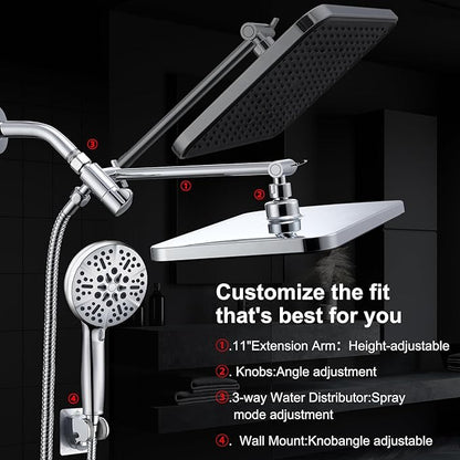 Handheld Shower Combo, 14 Inch Rainfall Shower Head and 8 Handheld Spray with Power Wash, Wide Square Shower Head for Full Body Coverage and Adjustable Extension Arm,Bath Upgrade CP,Chrome