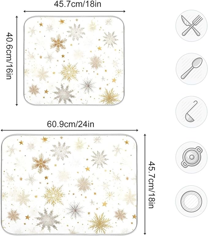 Winter Snowflake White Dish Drying Mat for Kitchen Countertop 16x18 Christmas Snow Golden Xmas Small Drying Mat Reusable Quick Dry Dish Sink Mats Easy Clean Decorative Essentials