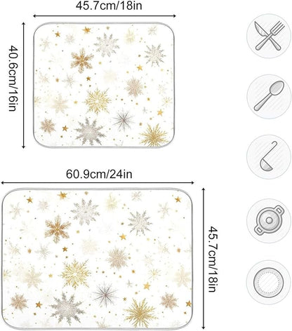 Winter Snowflake White Dish Drying Mat for Kitchen Countertop 16x18 Christmas Snow Golden Xmas Small Drying Mat Reusable Quick Dry Dish Sink Mats Easy Clean Decorative Essentials