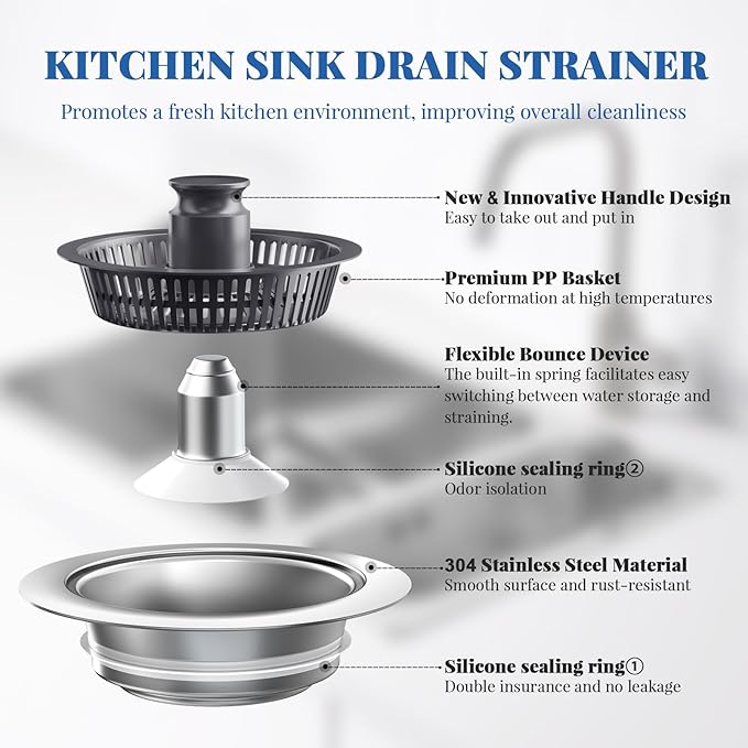 Upgraded 3in1 Kitchen Sink Drain Strainer & Sink Stopper,304 Stainless Steel Metal Sink Drain Stopper with Anti-Clogging Wider Strainer Basket,Kitchen Essentials for US Standard 3-1/2" Drain (Silver)