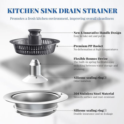 Upgraded 3in1 Kitchen Sink Drain Strainer & Sink Stopper,304 Stainless Steel Metal Sink Drain Stopper with Anti-Clogging Wider Strainer Basket,Kitchen Essentials for US Standard 3-1/2" Drain (Silver)