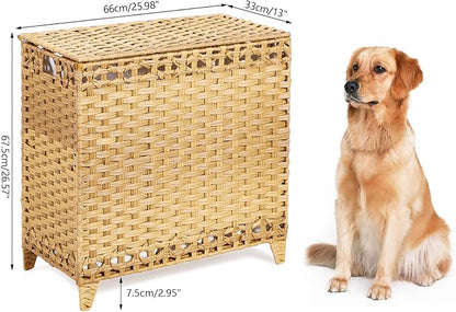 Laundry Hamper with 3 Removable Liner Bags; 132L Handwoven Rattan Laundry Basket with Lid & Heightened Feet; Clothes Hamper with Side Handles; Laundry Sorter with 3 Separate Sections (Natural)