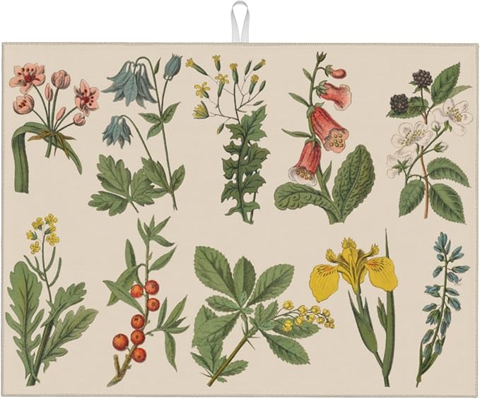 Plants Herbs Floral Dish Drying Mats for Kitchen Counter, Absorbent Reversible Microfiber Dish Drying Pad, Multi-Use Large Drying Mat Coffee Bar Accessories 18"x24"