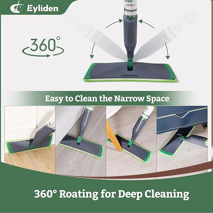 Eyliden Spray Mop with Bio-Enzyme Cleaner - Floor Mop for Hardwood, Tile & All Floors | Breaks Down Grease & Odors Naturally | 360° Swivel, 2 Washable Pads, 40ml Cleaner, Long-Lasting Freshness